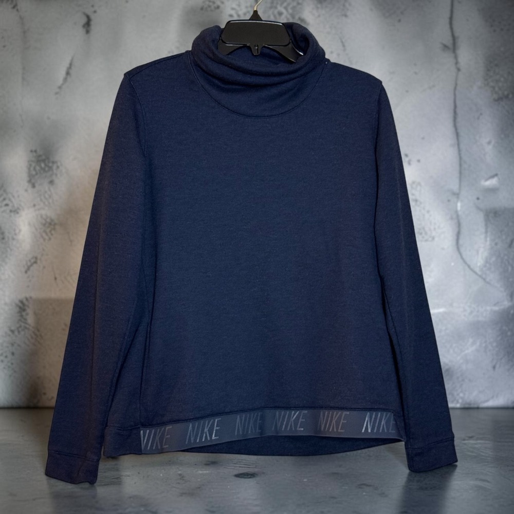 Nike Dri-FIT Womens Navy Blue Funnel Neck Logo Hem Pullover Sweatshirt Large